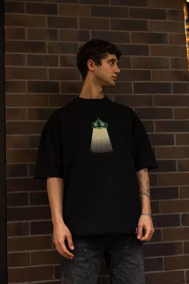 Unisex Bisiklet Yaka Baskılı Oversize T-Shirt - Siyah (102557)