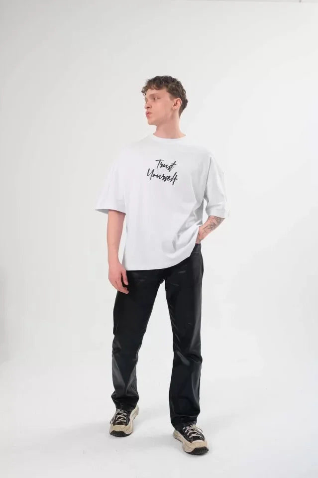 Unisex Bisiklet Yaka Baskılı Oversize T-Shirt - Beyaz (102880)