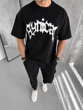 Unisex Bisiklet Yaka Baskılı Oversize T-Shirt - Siyah (102881)