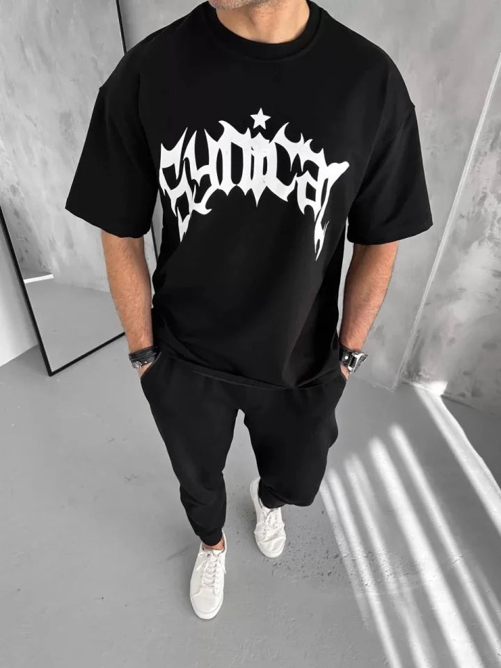 Unisex Bisiklet Yaka Baskılı Oversize T-Shirt - Siyah (102881)