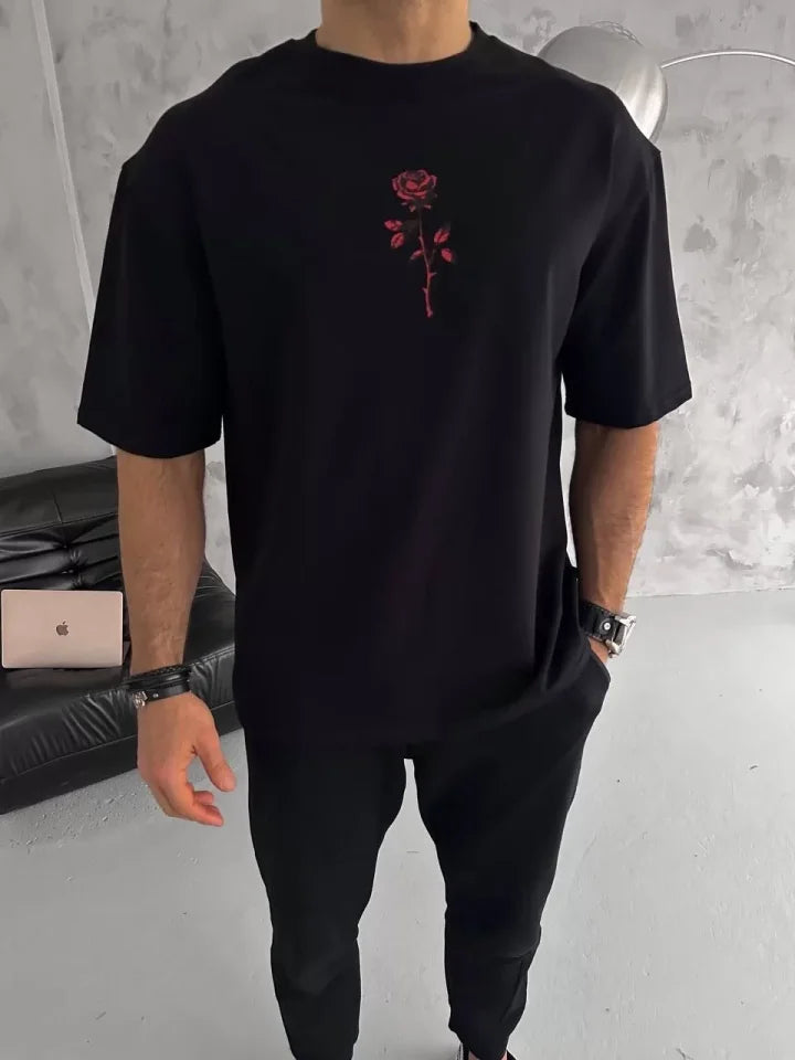 Unisex Bisiklet Yaka Baskılı Oversize T-Shirt - Siyah (102882)