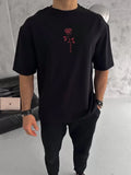 Unisex Bisiklet Yaka Baskılı Oversize T-Shirt - Siyah (102882)
