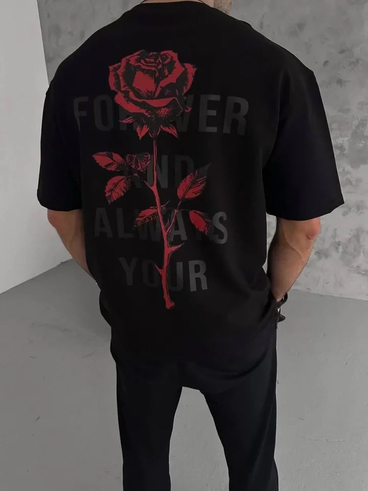 Unisex Bisiklet Yaka Baskılı Oversize T-Shirt - Siyah (102882)