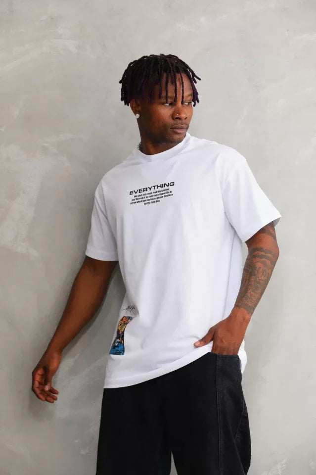 Unisex Bisiklet Yaka Baskılı Oversize T-Shirt - Beyaz (103369)