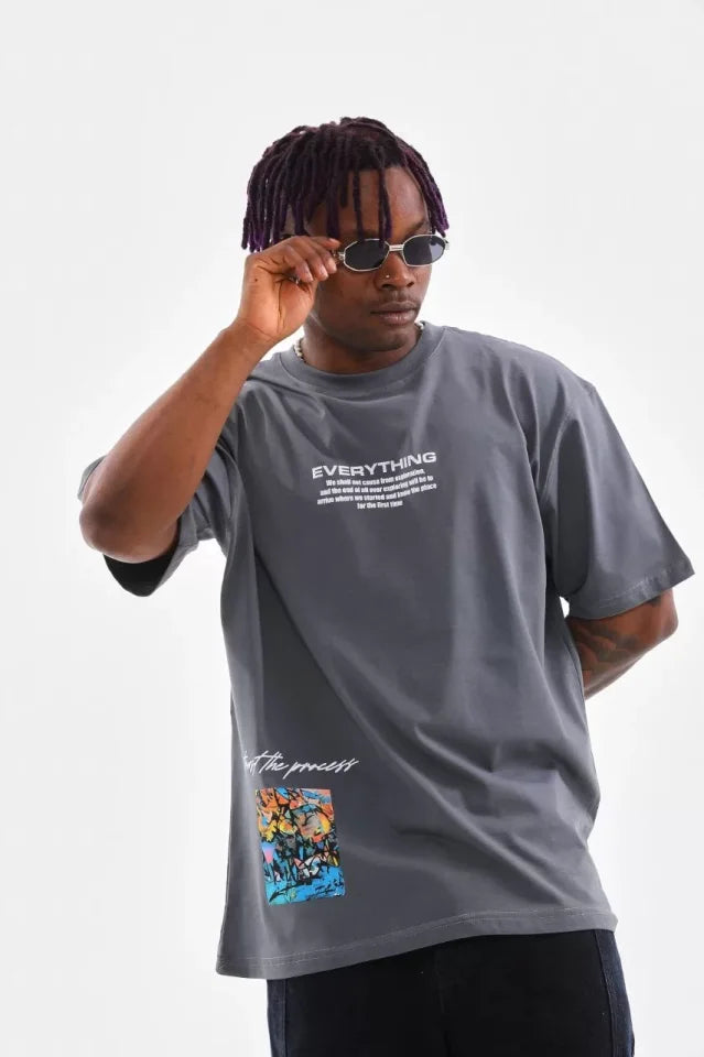 Unisex Bisiklet Yaka Baskılı Oversize T-Shirt - Gri (103370)