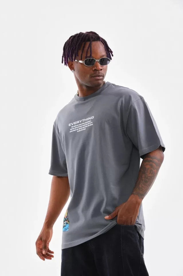 Unisex Bisiklet Yaka Baskılı Oversize T-Shirt - Gri (103370)