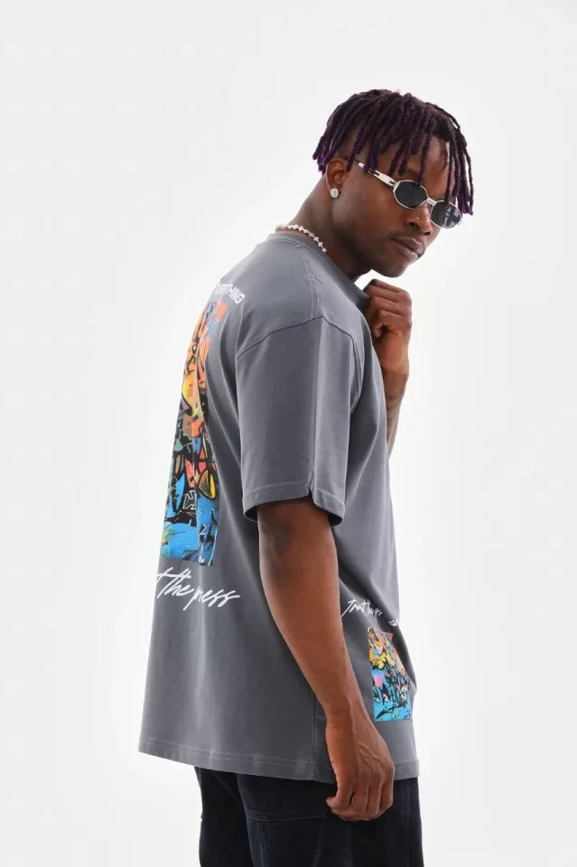 Unisex Bisiklet Yaka Baskılı Oversize T-Shirt - Gri (103370)
