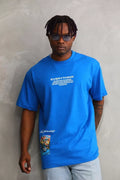 Unisex Bisiklet Yaka Baskılı Oversize T-Shirt - Mavi (103371)