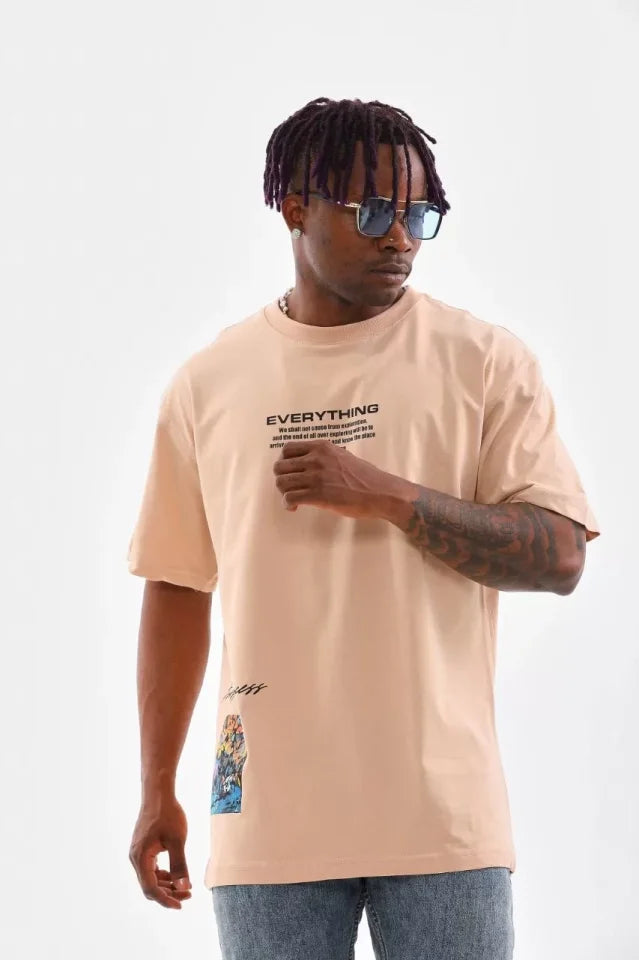 Unisex Bisiklet Yaka Baskılı Oversize T-Shirt - Bej (103373)