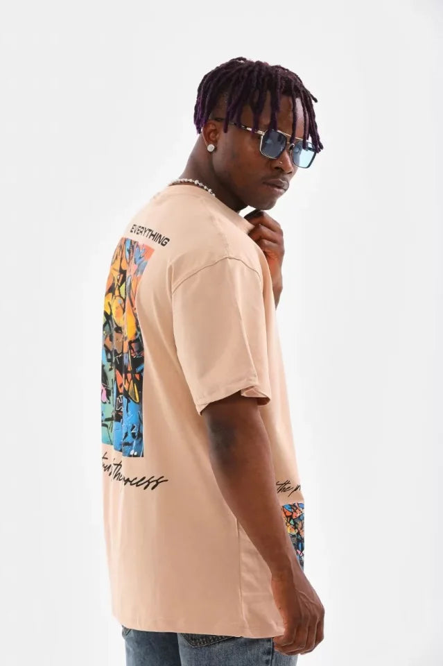 Unisex Bisiklet Yaka Baskılı Oversize T-Shirt - Bej (103373)