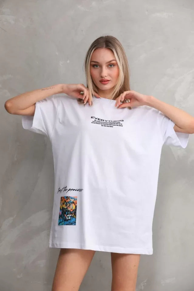 Unisex Bisiklet Yaka Baskılı Oversize T-Shirt - Beyaz (103397)