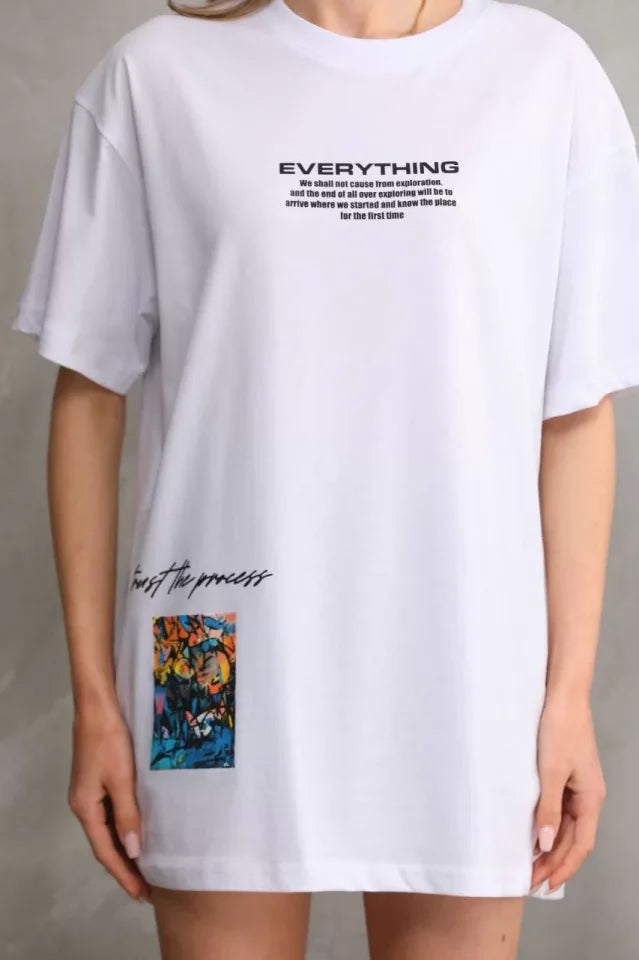 Unisex Bisiklet Yaka Baskılı Oversize T-Shirt - Beyaz (103397)