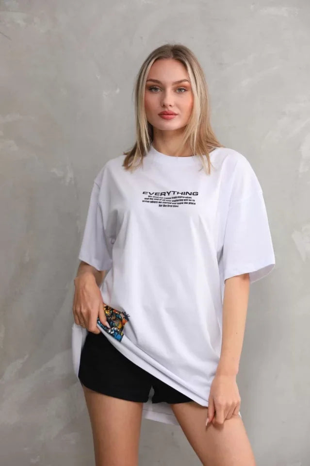 Unisex Bisiklet Yaka Baskılı Oversize T-Shirt - Beyaz (103397)