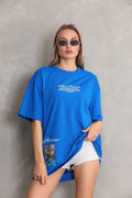 Unisex Bisiklet Yaka Baskılı Oversize T-Shirt - Mavi (103398)