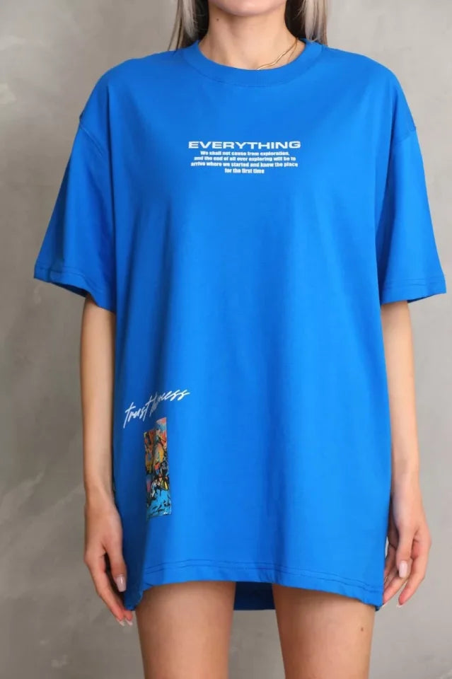 Unisex Bisiklet Yaka Baskılı Oversize T-Shirt - Mavi (103398)
