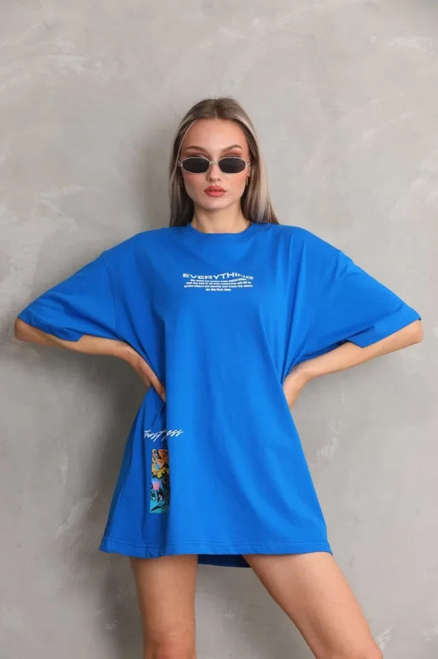 Unisex Bisiklet Yaka Baskılı Oversize T-Shirt - Mavi (103398)
