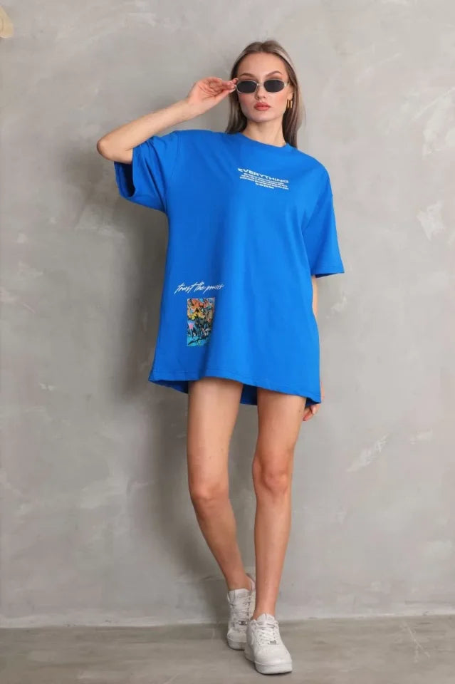 Unisex Bisiklet Yaka Baskılı Oversize T-Shirt - Mavi (103398)