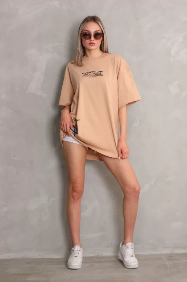 Unisex Bisiklet Yaka Baskılı Oversize T-Shirt - Bej (103399)