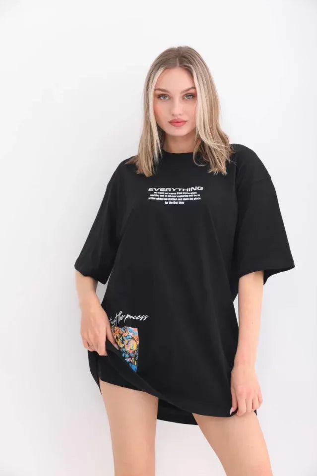 Unisex Bisiklet Yaka Baskılı Oversize T-Shirt - Siyah (103400)