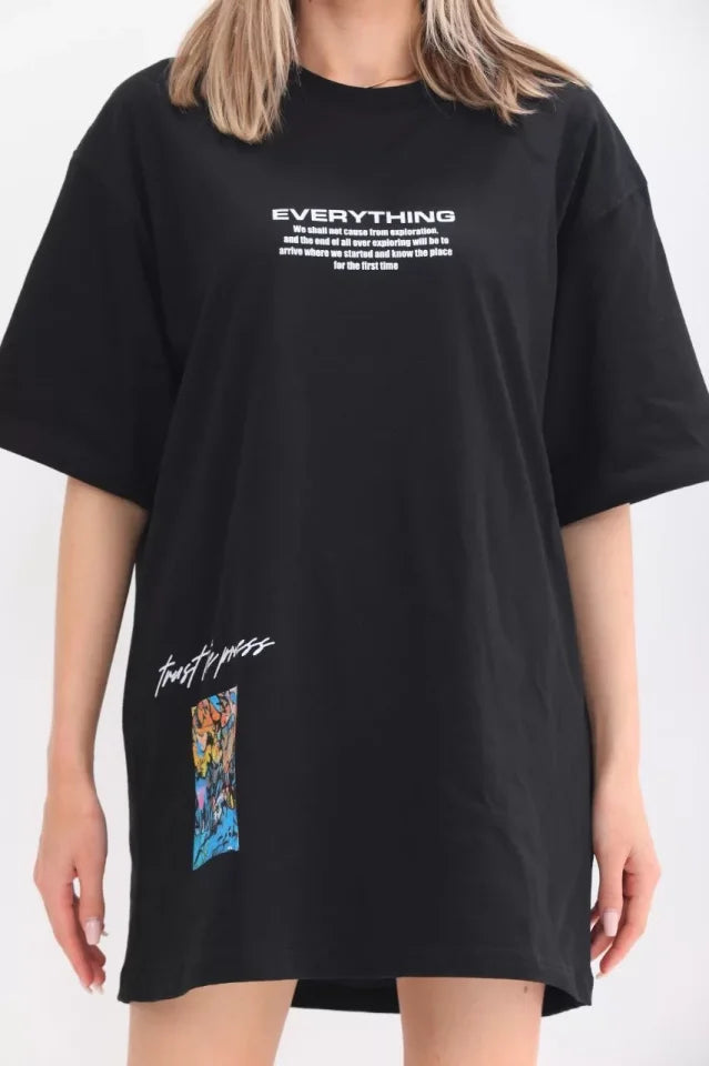 Unisex Bisiklet Yaka Baskılı Oversize T-Shirt - Siyah (103400)