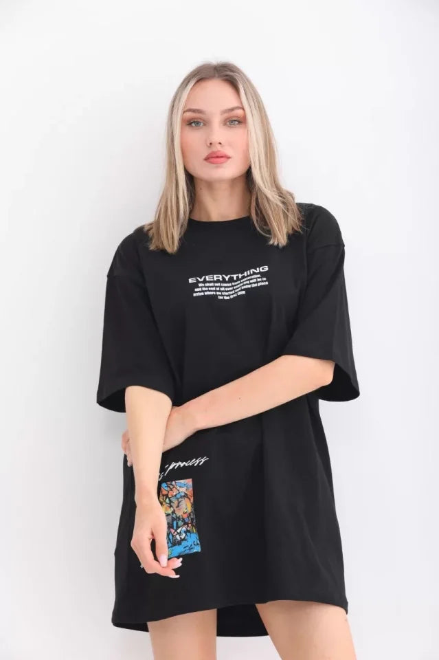 Unisex Bisiklet Yaka Baskılı Oversize T-Shirt - Siyah (103400)