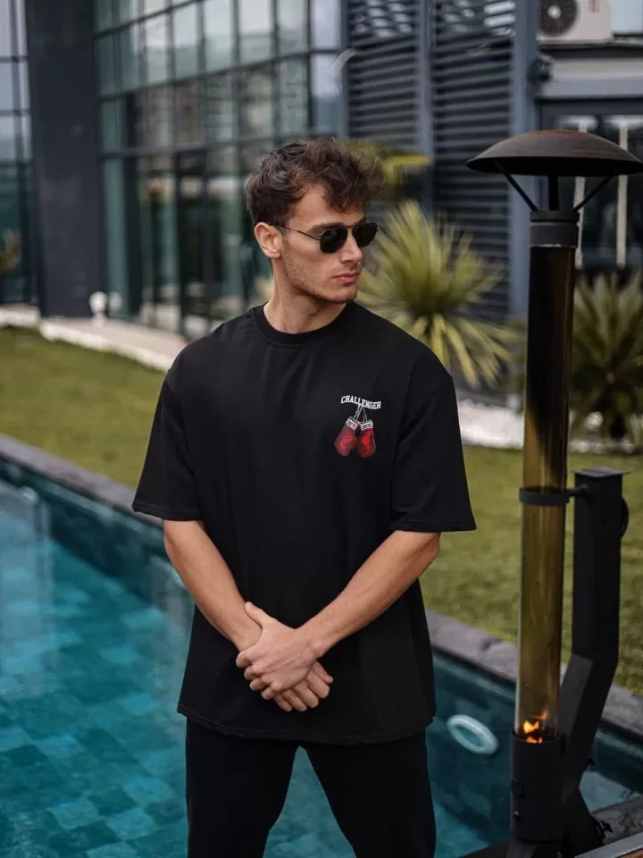 Unisex Bisiklet Yaka Baskılı Oversize T-Shirt - Siyah (103506)