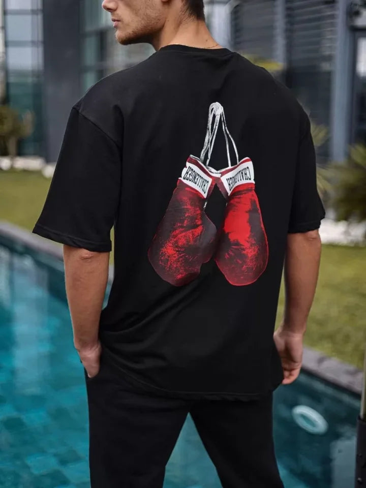Unisex Bisiklet Yaka Baskılı Oversize T-Shirt - Siyah (103506)