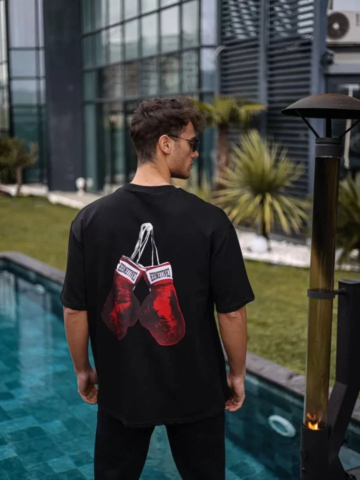 Unisex Bisiklet Yaka Baskılı Oversize T-Shirt - Siyah (103506)