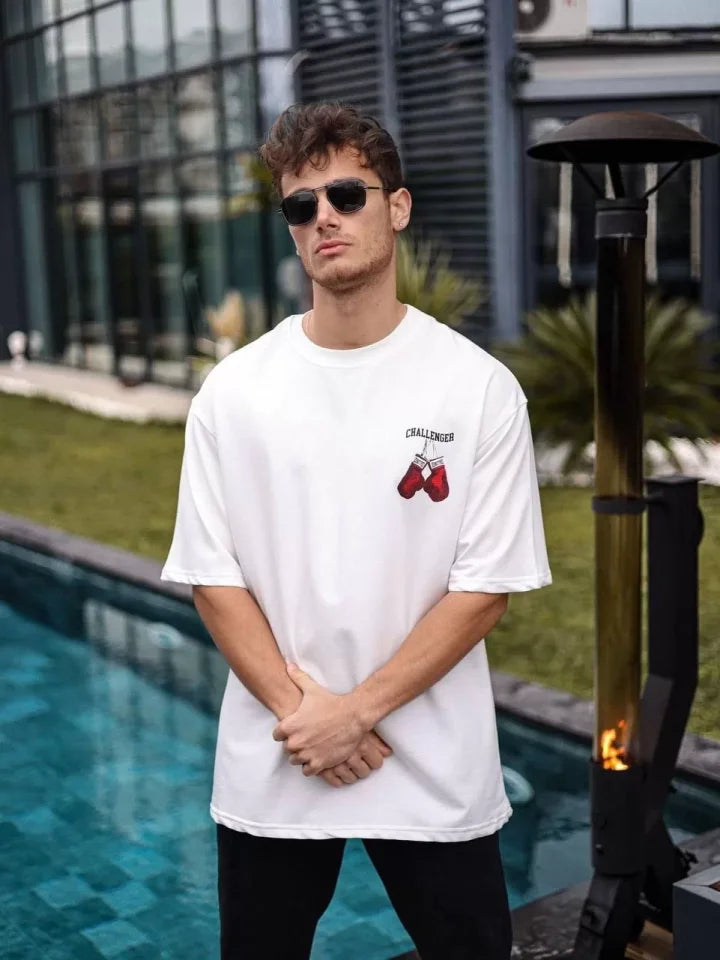 Unisex Bisiklet Yaka Baskılı Oversize T-Shirt - Beyaz (103507)