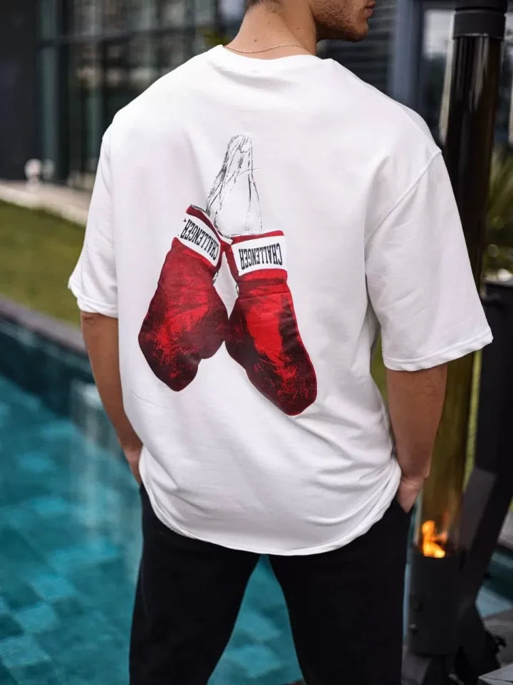 Unisex Bisiklet Yaka Baskılı Oversize T-Shirt - Beyaz (103507)