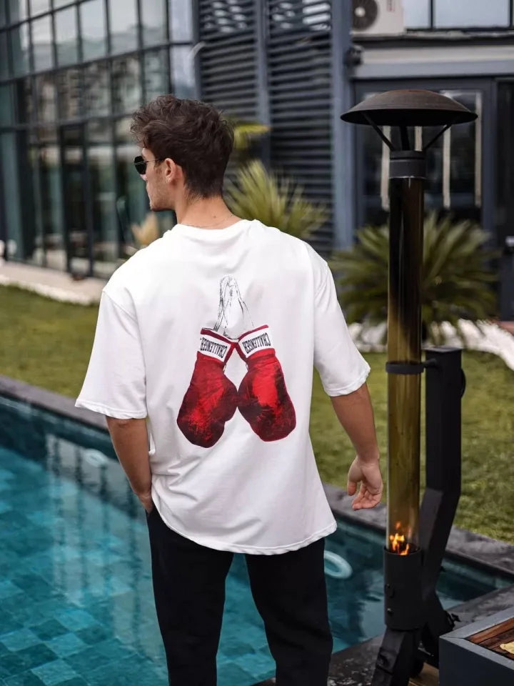 Unisex Bisiklet Yaka Baskılı Oversize T-Shirt - Beyaz (103507)