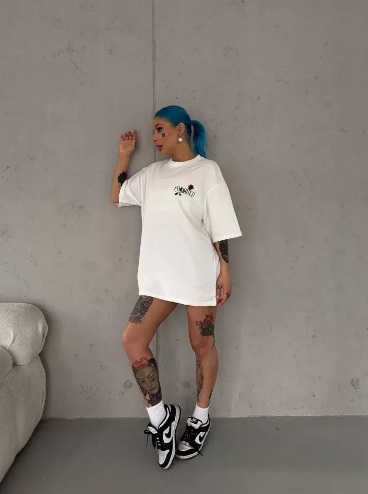 Unisex Bisiklet Yaka Baskılı Oversize T-Shirt - Beyaz (103523)