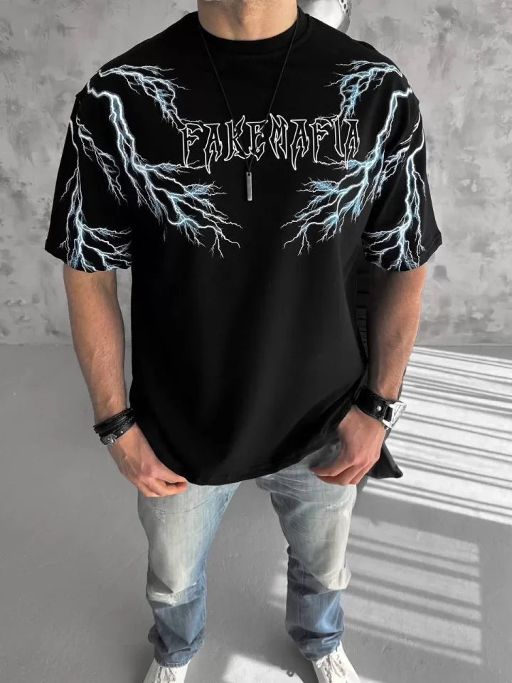 Unisex Bisiklet Yaka Baskılı Oversize T-Shirt-Siyah (103544)
