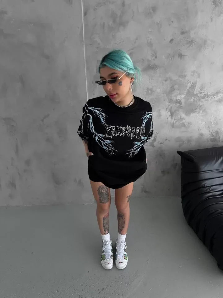Unisex Bisiklet Yaka Baskılı Oversize T-Shirt - Siyah (103547)