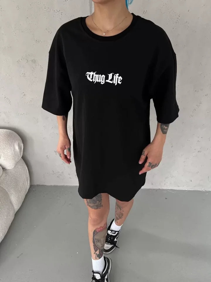Unisex Bisiklet Yaka Baskılı Oversize T-Shirt - Siyah (103548)
