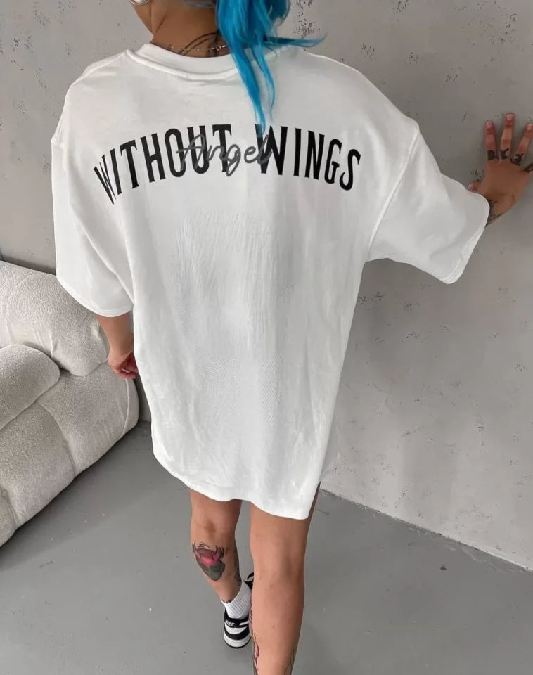 Unisex Bisiklet Yaka Baskılı Oversize T-Shirt - Beyaz (103549)