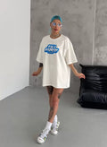 Unisex Bisiklet Yaka Baskılı Oversize T-Shirt - Beyaz (104327)