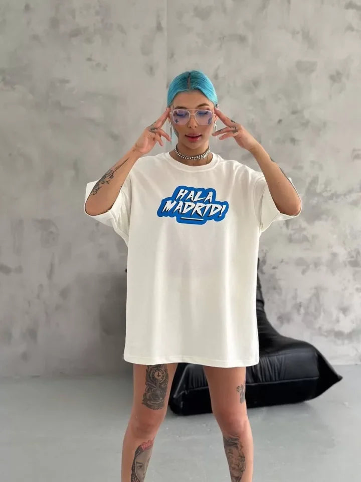 Unisex Bisiklet Yaka Baskılı Oversize T-Shirt - Beyaz (104327)