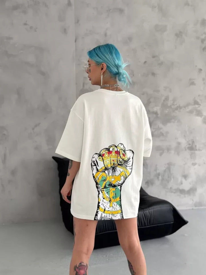 Unisex Bisiklet Yaka Baskılı Oversize T-Shirt - Beyaz (104327)