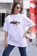 Unisex Bisiklet Yaka Baskılı Oversize T-Shirt - Beyaz (104333)
