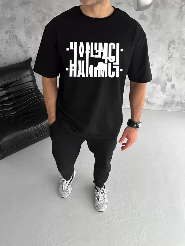 Unisex Bisiklet Yaka Katlanan Baskılı T-Shirt - Siyah (104335)