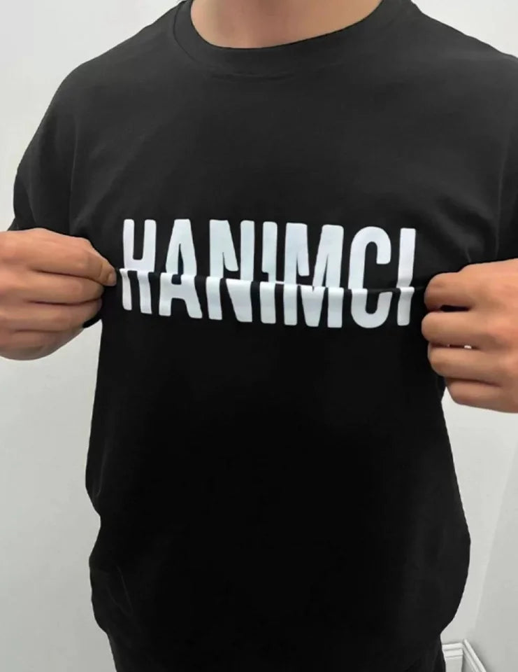 Unisex Bisiklet Yaka Katlanan Baskılı T-Shirt - Siyah (104335)