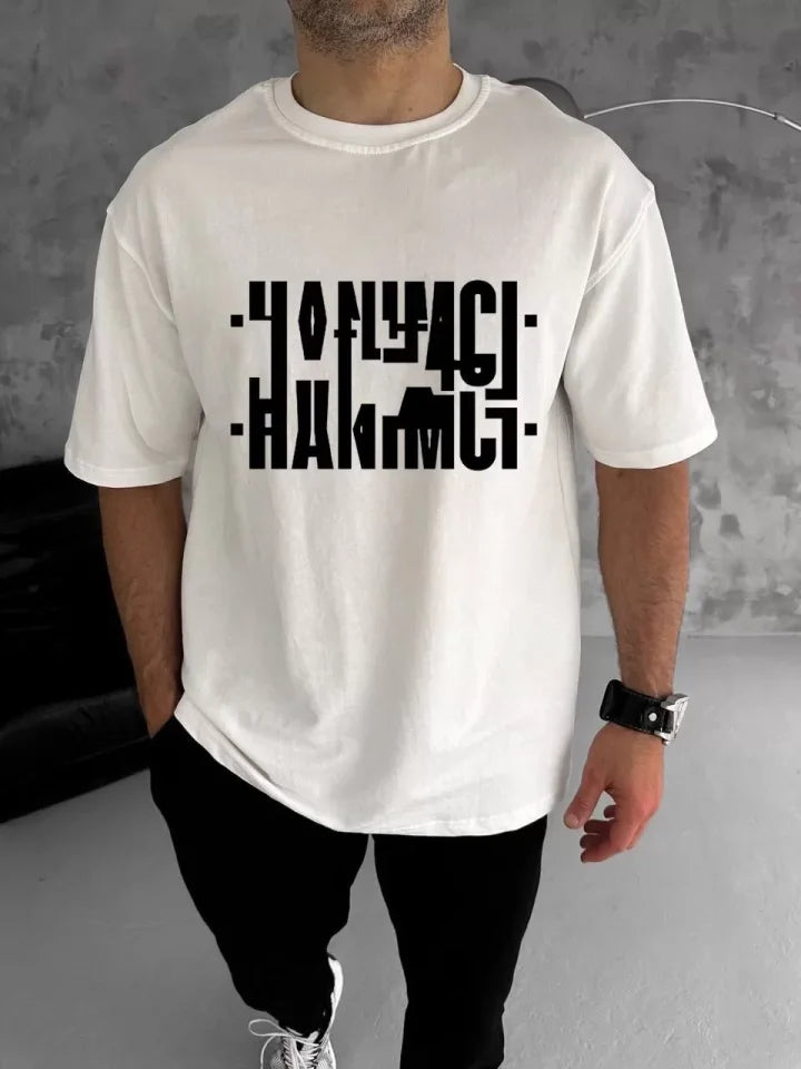 Unisex Bisiklet Yaka Katlanan Baskılı T-Shirt - Beyaz (104336)