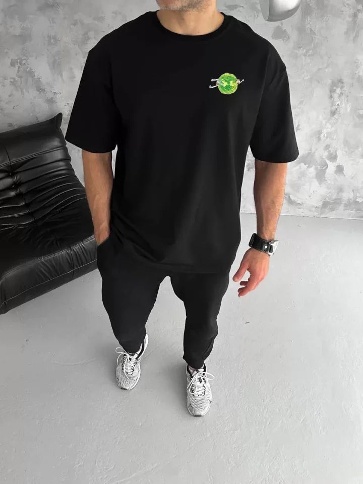 Unisex Bisiklet Yaka Baskılı Oversize T-Shirt - Siyah (104341)
