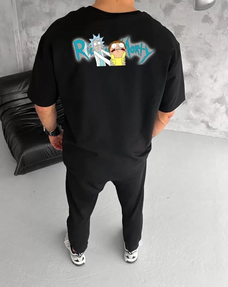 Unisex Bisiklet Yaka Baskılı Oversize T-Shirt - Siyah (104341)