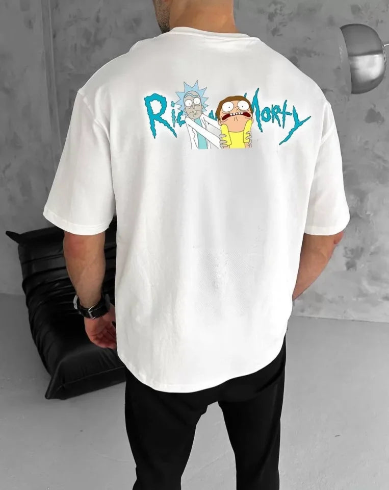 Unisex Bisiklet Yaka Baskılı Oversize T-Shirt - Beyaz (104342)