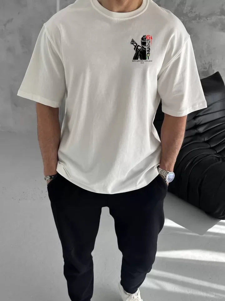 Unisex Bisiklet Yaka Baskılı Oversize T-Shirt - Beyaz (104348)