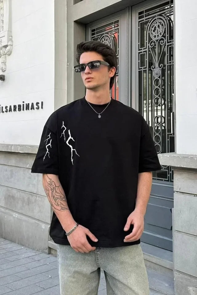 Unisex Bisiklet Yaka Baskılı Oversize T-Shirt - Siyah (104349)