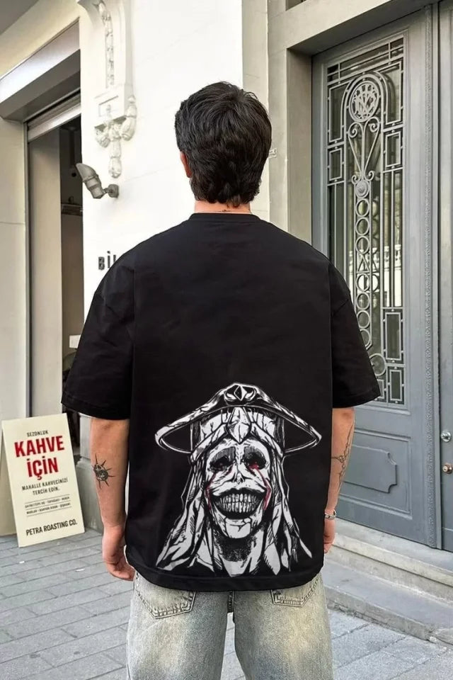 Unisex Bisiklet Yaka Baskılı Oversize T-Shirt - Siyah (104349)