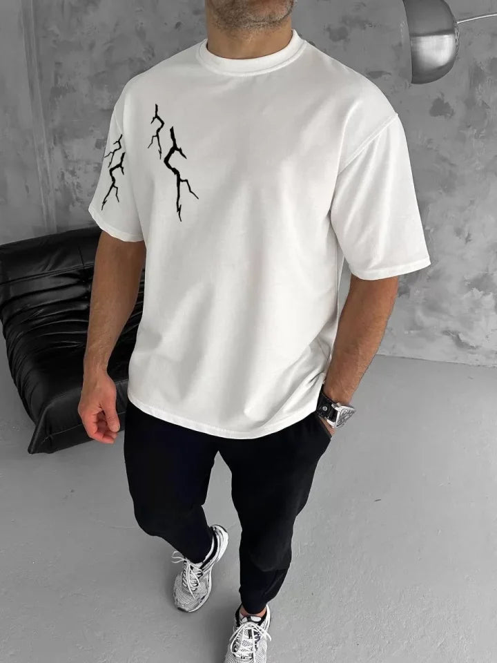 Unisex Bisiklet Yaka Baskılı Oversize T-Shirt - Beyaz (104350)